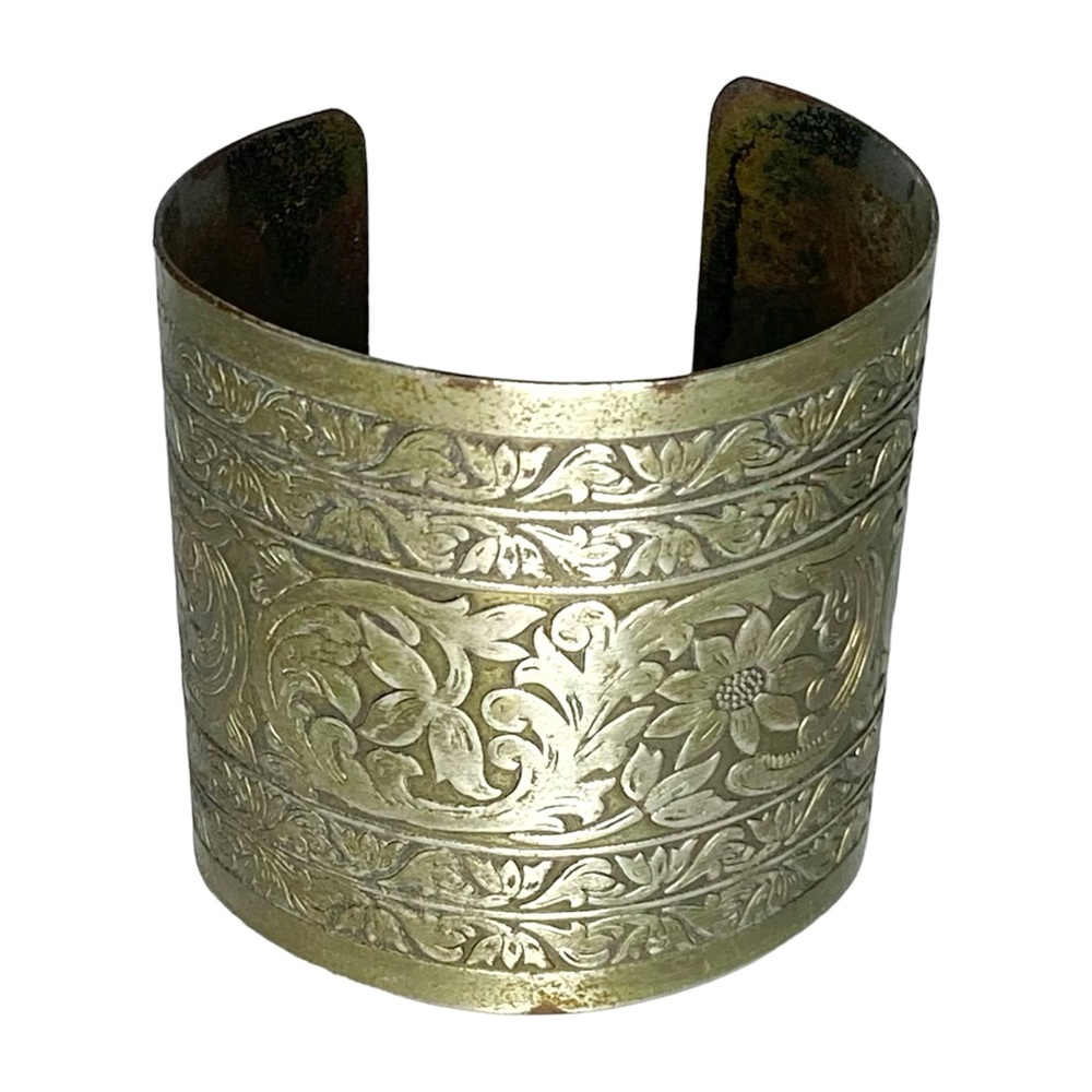 Vintage Patinaed Embossed Metal Cuff Bracelet 2.25” Wide